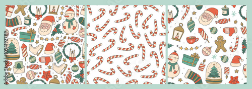Christmas nursery seamless patterns with cute doodles for gift wrapping paper, textile prints, tablecloth, kitchenware, wallpaper, bedding, kids apparel, etc. EPS 10