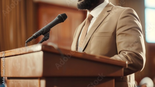 A young African American male politician deputy stands on a podium stage in front of a microphone and speaks to the public against the backdrop of the American flag. American election campaign