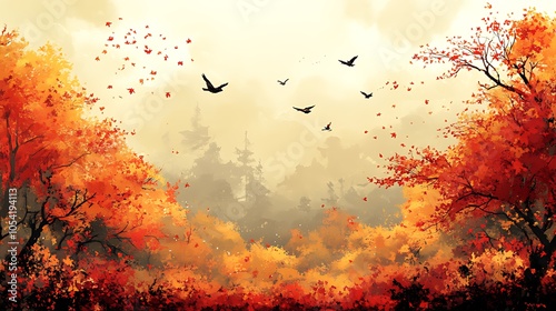 A misty autumn forest scene with red and orange leaves falling from the trees and birds flying overhead.