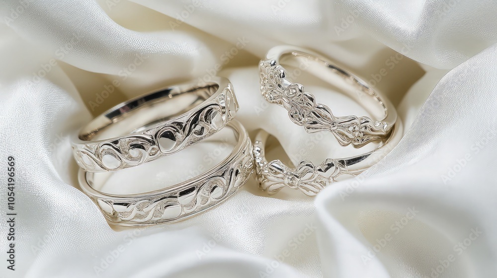 Three silver rings with ornate designs, resting on white silk fabric.
