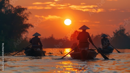 Three fishermen in conical hats row their boats on a river at sunrise. photo