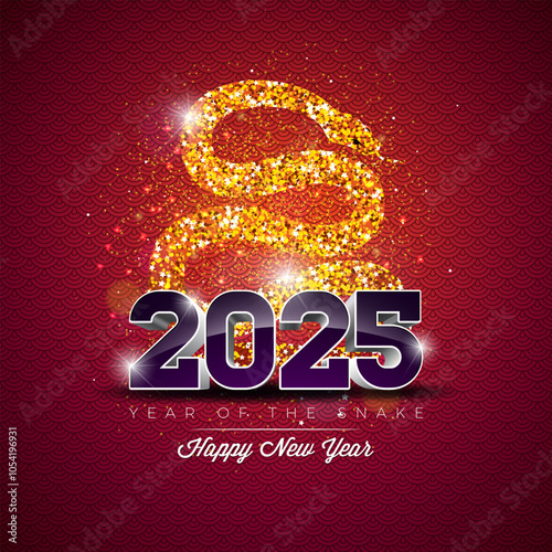 Happy Chinese New Year 2025 Banner with Glittered Snake Zodiac Sign and Falling Confetti on Shiny Background. Lunar New Year Traditional Design with Chinese Language Snake Symbol for Flyer, Greeting