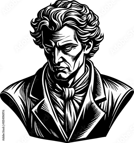 Classic gentleman bust avatar in engraving style. Black and white man drawing, in vintage style