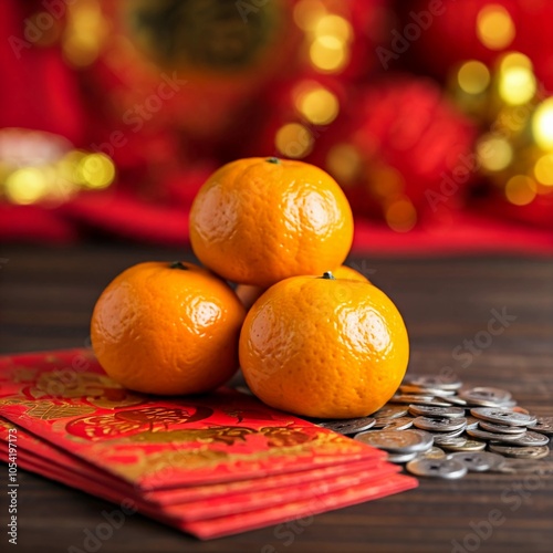 Three mandarin oranges, envelopes and coins for Chinese New Year photo