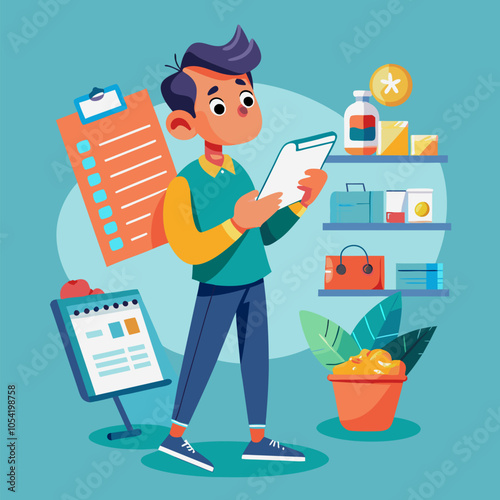 Man with check list of shopping list at home, planning the household