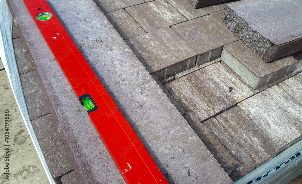 Fototapeta premium Close-up of paving stones being leveled with a red spirit level tool, showcasing construction and landscaping work. Perfect for DIY and home improvement projects.