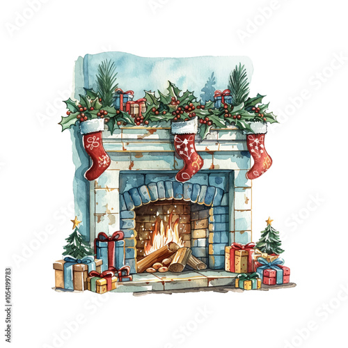 christmas decorated fireplace vector illustration in watercolor style