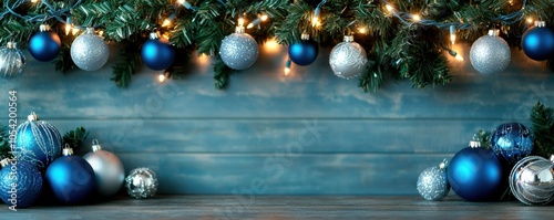 Blue and silver Christmas ornaments with holiday lights on a rustic wooden background. photo