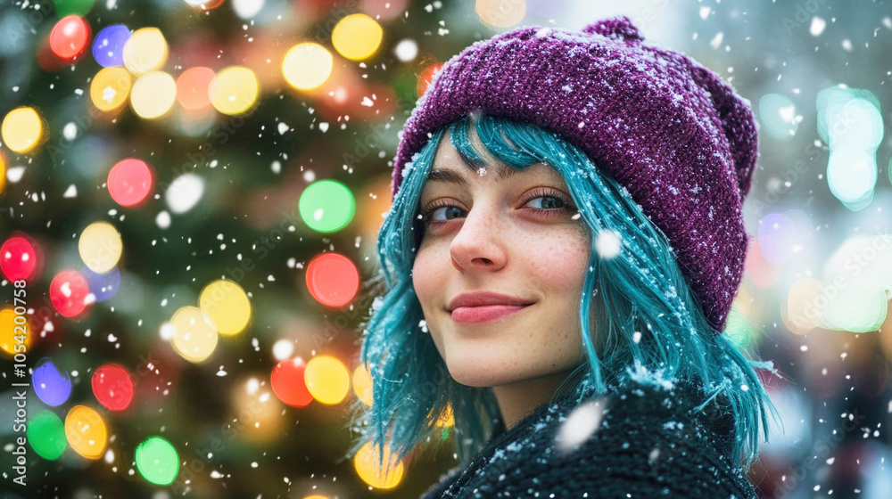 Woman with blue hair and purple hat smiling as snowflakes fall near festive Christmas lights