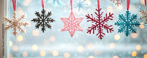 Colorful paper snowflakes hanging by ribbons in a festive winter setting. photo