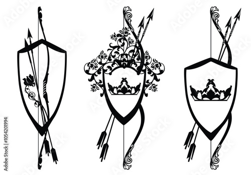 crossed bow and arrows with royal crown heraldic shield and rose flowers - medieval fantasy style archery and security concept black and white vector design set