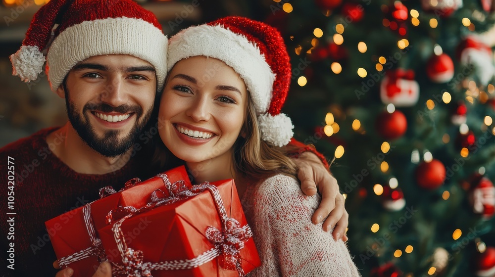 Happy caucasian couple with gift boxes, young lover celebrate Christmas together with decorated Christmas tree. Merry Christmas and Happy Holidays. Christmas holiday celebration. Happy caucasian couple with gift boxes, young lover celebrate Christmas together with decorated Christmas tree. Merry Christmas and Happy Holidays. Christmas holiday celebration.