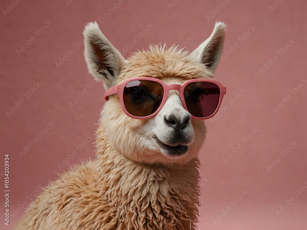 Obraz premium Lama with bubblegum in pink sunglasses on pink background