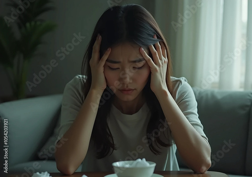 Stressed woman sitting on a couch with her hands on her head. Sadness and despair. photo