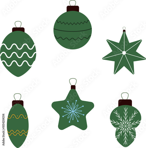 Christmas and New Year green bauble collection, variety of decorative holiday ornaments for festive designs, holiday decor themes, Christmas cards, and seasonal projects.