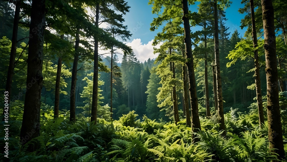 Lush green forest with blue skies and bright scenery Lush green forest with blue skies and bright scenery