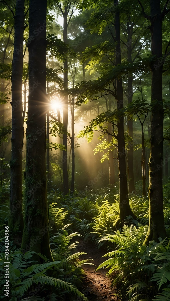 Fototapeta premium Lush green forest with sunlight filtering through
