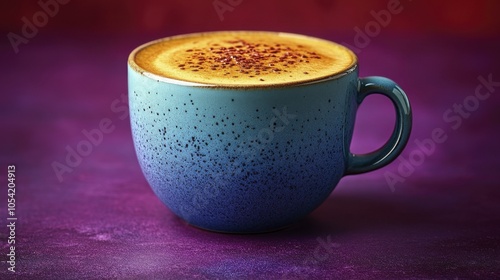 Close-up of a Blue Mug with Latte Art, Coffee Foam, and Purple Background