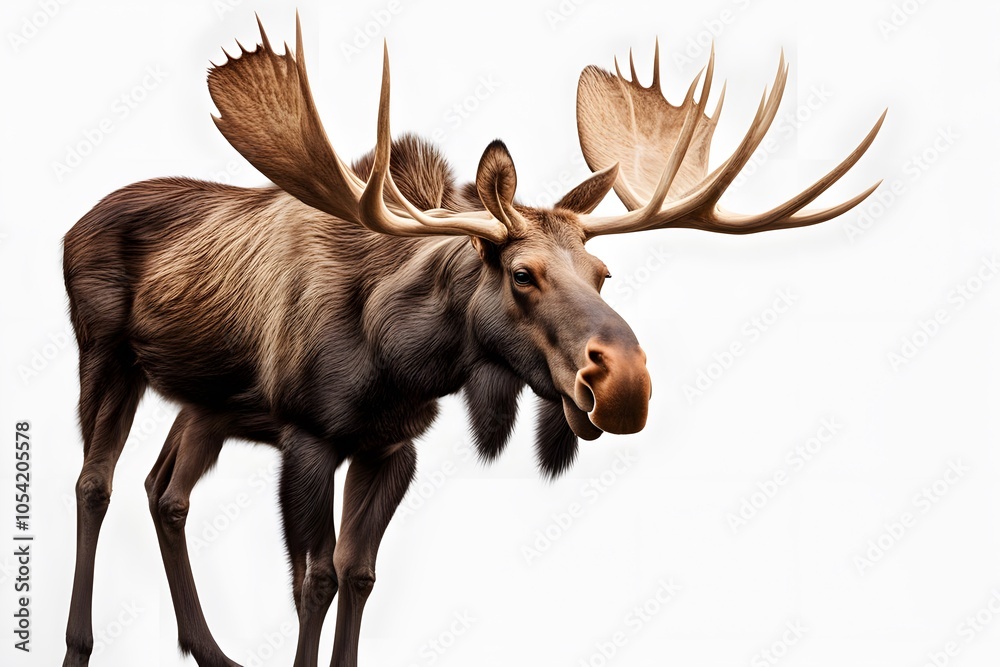Fototapeta premium Broad fronted moose on white background, AI Generated