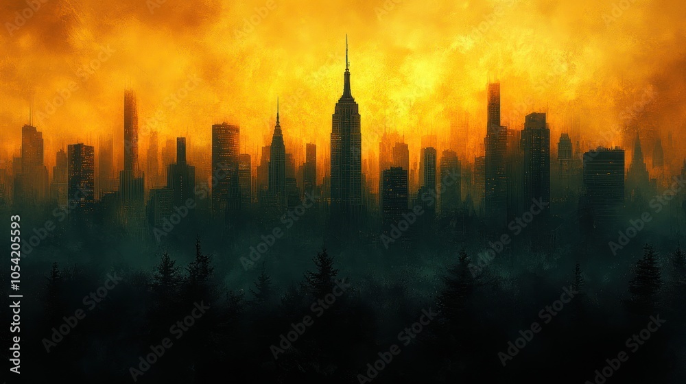 Fototapeta premium A Dark, Misty Forest Concealing a Silhouetted Cityscape Beneath an Orange Sky