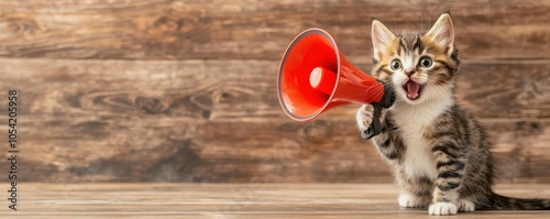 Playful kitten shouting into a toy megaphone, brown wooden background. photo
