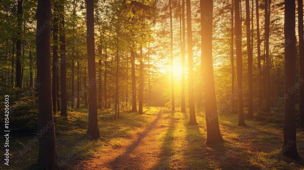 Fototapeta premium A serene forest scene at sunset, with sunlight filtering through tall trees along a dirt path.