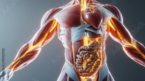 Anatomical diagram of the muscular system illustrating the rectus abdominis and obliques. photo