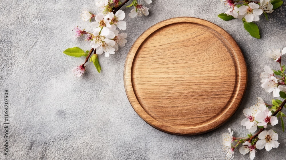 A wooden serving board surrounded by delicate cherry blossoms on a textured surface. A wooden serving board surrounded by delicate cherry blossoms on a textured surface.