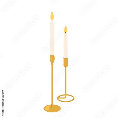 Candles. Decor to create cozy atmosphere. Elegant paraffin or wax candles on a stand. Flat illustration on a white background.