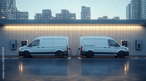 process of charging of white electric of two delivery vans in front of city landscape