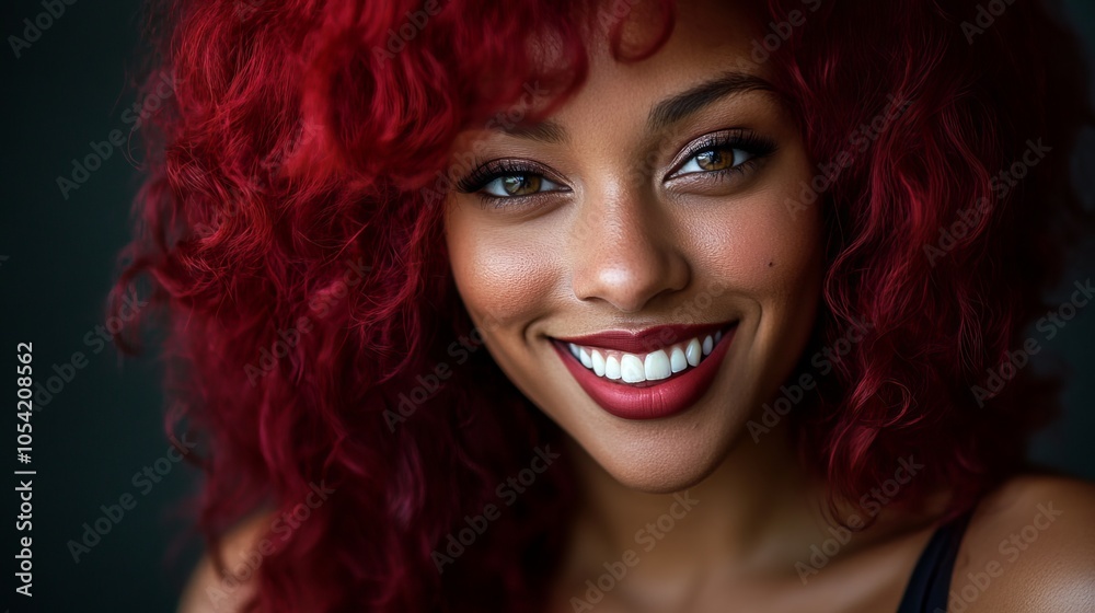 Fototapeta premium A stunning model with flowing, vibrant red curls. Her dazzling smile and luscious waves create an enchanting aura. This portrait embodies the essence of beauty