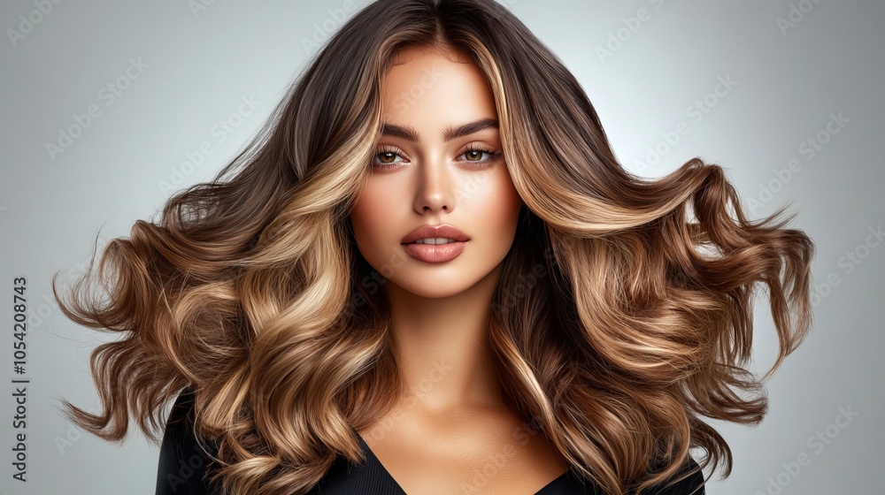 Fototapeta premium A stunning woman with elongated, lustrous, and wavy hair showcases skillful coloring and toning techniques. Her eye-catching shatush and balayage highlights enhance her natural curls