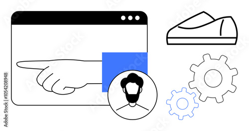 User interface window with pointing hand cursor, person icon, shoe icon, and gear symbols. Ideal for web design, user experience, ecommerce, tech support, navigation, online shopping, digital tools
