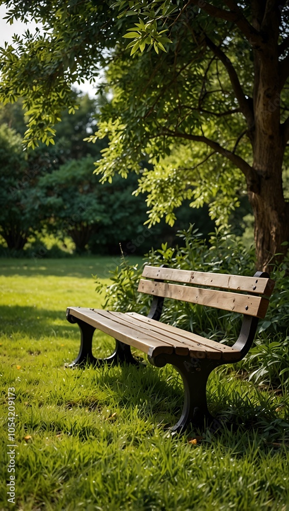 Naklejka premium Park bench surrounded by greenery.