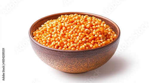 A vibrant bowl of popcorn, awash in an electric hue of orange, rests serenely against the stark backdrop of a pristine white surface. The kernels, once humble and unassuming photo