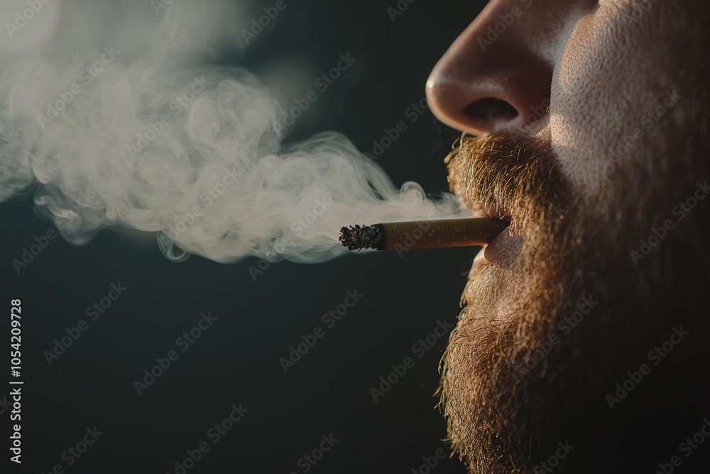 Fototapeta premium Man exhaling smoke from a cigarette in a dimly lit environment during late evening hours