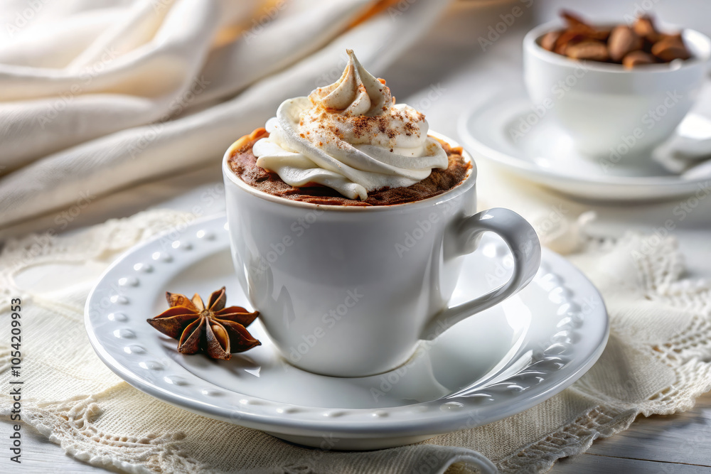 Delight in delicious espresso con panna topped with creamy whipped cream, served in stylish cup on rustic table. aromatic coffee beans add to inviting atmosphere Delight in delicious espresso con panna topped with creamy whipped cream, served in stylish cup on rustic table. aromatic coffee beans add to inviting atmosphere