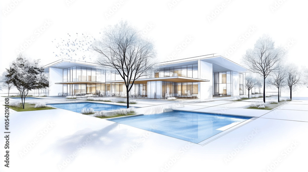 Modern architectural sketch of a minimalist building with large glass windows, surrounding trees, and water features, creating a serene atmosphere