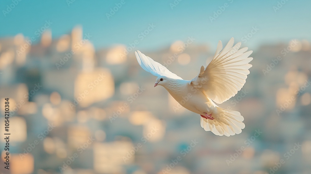Fototapeta premium A white peace dove flying against a blue sky above a middle east city
