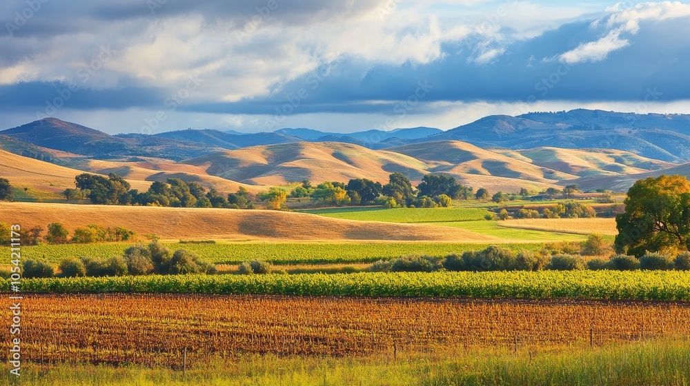 Fototapeta premium A scenic landscape featuring rolling hills, vineyards, and a dramatic sky.
