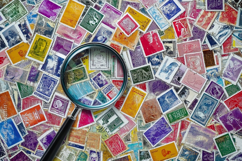 A magnifying glass on a set of stamps of different countries.