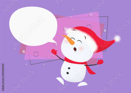 Christmas greeting card design. Snowman in hat and scarf having fun on abstract background with snowflakes, speech bubble for your text. Vector can be used for banners, posters, flyers and brochures