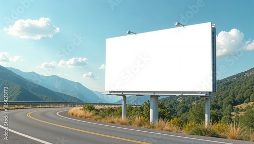 White billboard near the road with mountain view, clean and minimalist design, large and empty, ready for custom text or graphics. horizontal advertisement mockup, summer