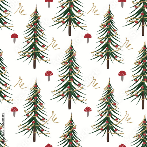 Vector New Year pattern with Christmas tree and fly mushrooms