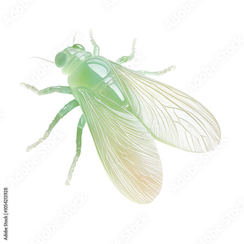 A green insect with a white wing