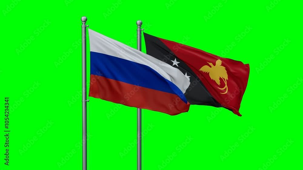 Papua New Guinea and Russia flags flying together, video concept of the relationship with colored chroma key for easy background remove Papua New Guinea and Russia flags flying together, video concept of the relationship with colored chroma key for easy background remove
