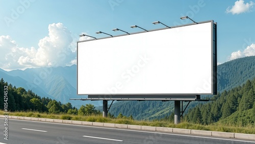 White billboard near the road with mountain view, clean and minimalist design, large and empty, ready for custom text or graphics. horizontal advertisement mockup, summer photo