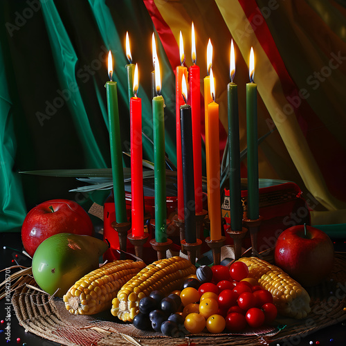 Vibrant Kwanzaa Celebration Display with Traditional Symbols photo