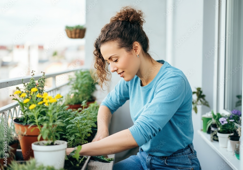 Woman gardening on balcony with potted plants Woman gardening on balcony with potted plants