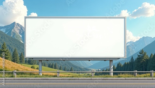 White billboard near the road with mountain view, clean and minimalist design, large and empty, ready for custom text or graphics. horizontal advertisement mockup, summer photo